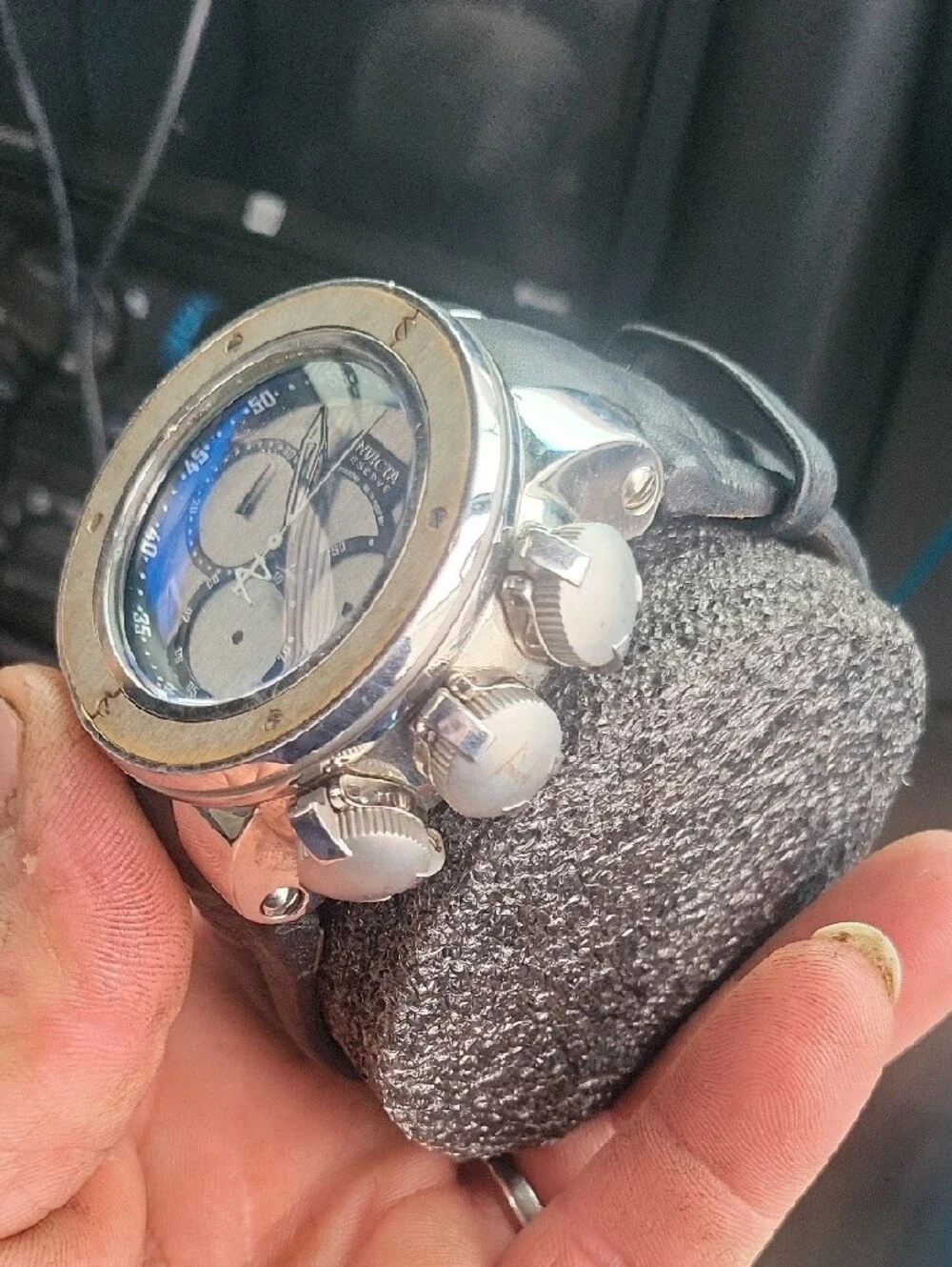 Invicta Silver and Black Chronograph Watch with Black Strap